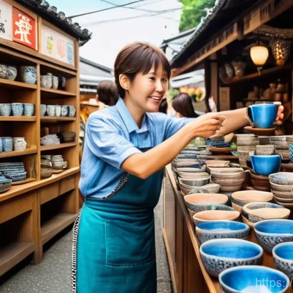 일본어 쇼핑 표현 - **Prompt:** A vibrant Japanese flea market scene (loppmarknad) in Kyoto. A Swedish tourist, in their...