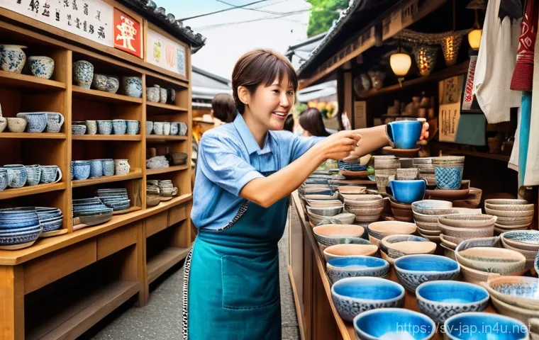 일본어 쇼핑 표현 - **Prompt:** A vibrant Japanese flea market scene (loppmarknad) in Kyoto. A Swedish tourist, in their...