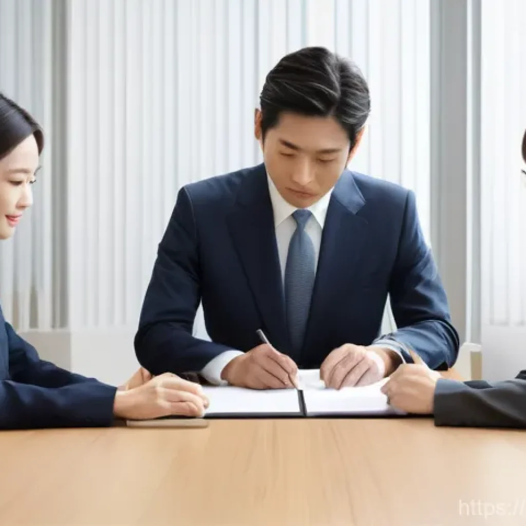 일본어 경어법 - "A serene and highly professional Japanese business meeting in a modern, elegantly designed office. ...