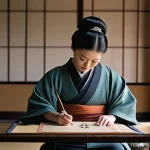 고대 일본어 특징 - **Prompt:** A serene scene in an ancient Japanese calligraphy studio during the Heian period. A fema...