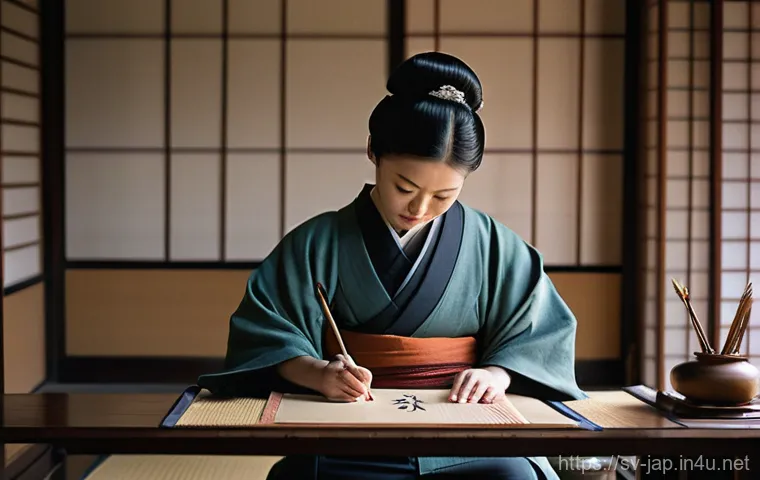 고대 일본어 특징 - **Prompt:** A serene scene in an ancient Japanese calligraphy studio during the Heian period. A fema...