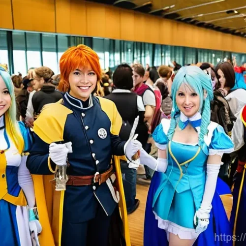 일본어와 애니메이션 - **Swedish Anime Convention Gathering:** A vibrant and diverse group of young adults, dressed in meti...
