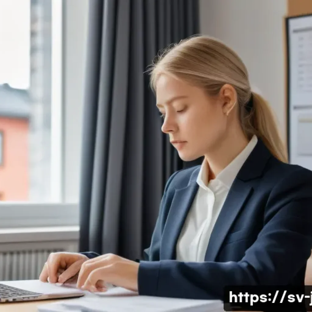 BJT 일본어 능력 시험 - A professional Swedish office setting where a focused young adult woman is studying Japanese busines...