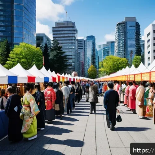 Home 32 일본어가 통하는 나라 - A vibrant scene at a Japanese cultural festival in Vancouver, Canada, featuring diverse attendees of...