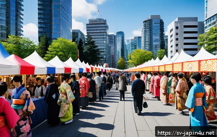 일본어가 통하는 나라 - A vibrant scene at a Japanese cultural festival in Vancouver, Canada, featuring diverse attendees of...