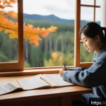 Home 19 일본어 문법 - A cozy study scene featuring a young Swedish adult sitting at a wooden desk by a large window overlo...