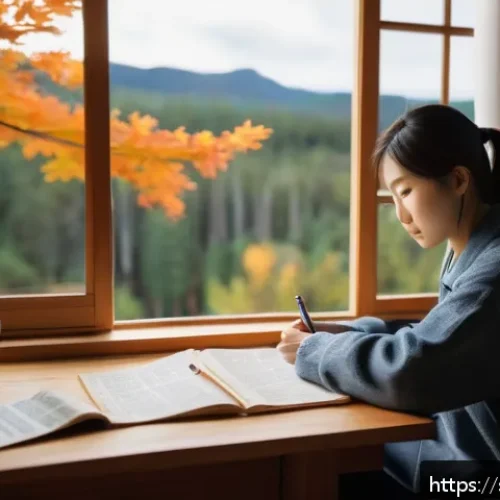 Home 31 일본어 문법 - A cozy study scene featuring a young Swedish adult sitting at a wooden desk by a large window overlo...