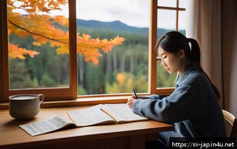 일본어 문법 - A cozy study scene featuring a young Swedish adult sitting at a wooden desk by a large window overlo...