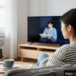 Home 18 일본어와 일본 드라마 - A cozy living room scene in a modern Swedish apartment with a young adult woman sitting comfortably ...