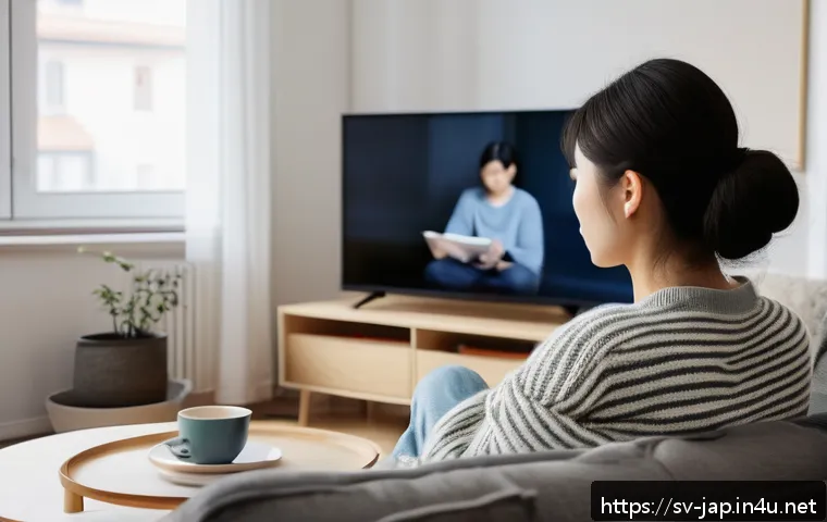 일본어와 일본 드라마 - A cozy living room scene in a modern Swedish apartment with a young adult woman sitting comfortably ...