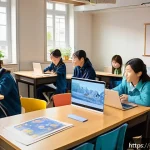 Home 23 일본어 학습 인구 - A vibrant Swedish classroom scene with diverse young adults enthusiastically learning Japanese langu...