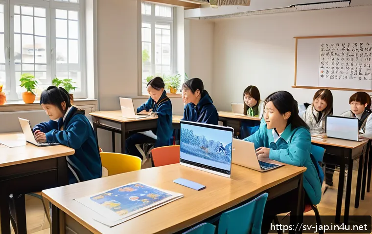 일본어 학습 인구 - A vibrant Swedish classroom scene with diverse young adults enthusiastically learning Japanese langu...