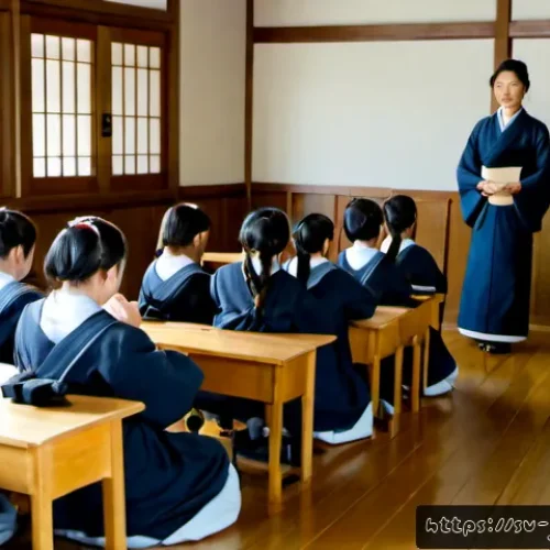 메이지 시대 일본어 개혁 - Photorealistic late-19th-century Japanese classroom during the Meiji era language reform, a Japanese...
