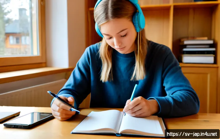 Home 26 JLPT N5 듣기 공부법 - Photorealistic Swedish university student practicing Japanese listening comprehension at a bright Sc...